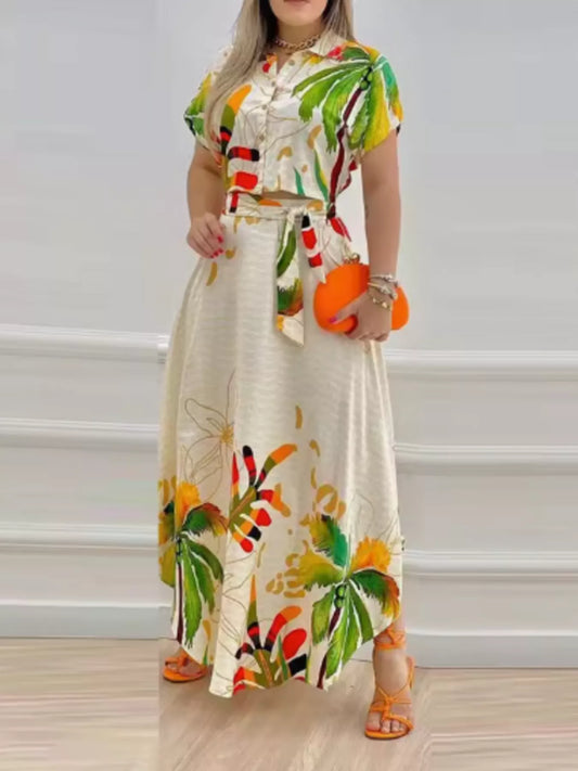 Floral tropical button-front crop top and maxi skirt set, cream with leaf and fruit print