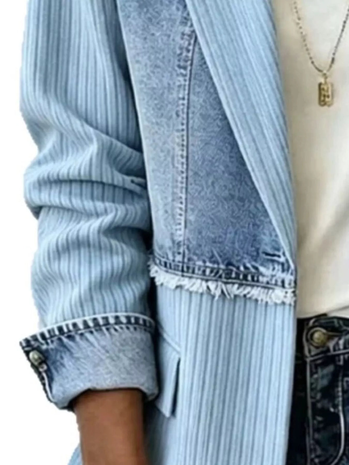 Light blue ribbed denim patchwork blazer, cuff and hem with frayed trim