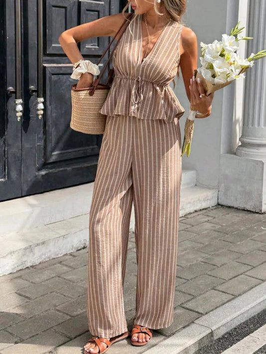 Camel striped sleeveless peplum top and wide-leg pants set, drawstring waist