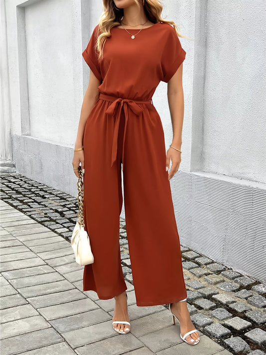 Tie-waist wide-leg jumpsuit in orange red, short sleeves, crew neck, wide-leg pants