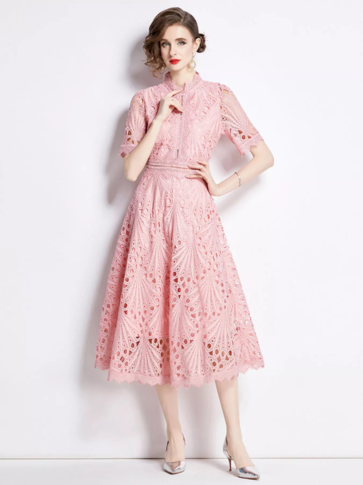 Plus-size lace short-sleeve midi dress in pink with high lace collar and flared midi skirt