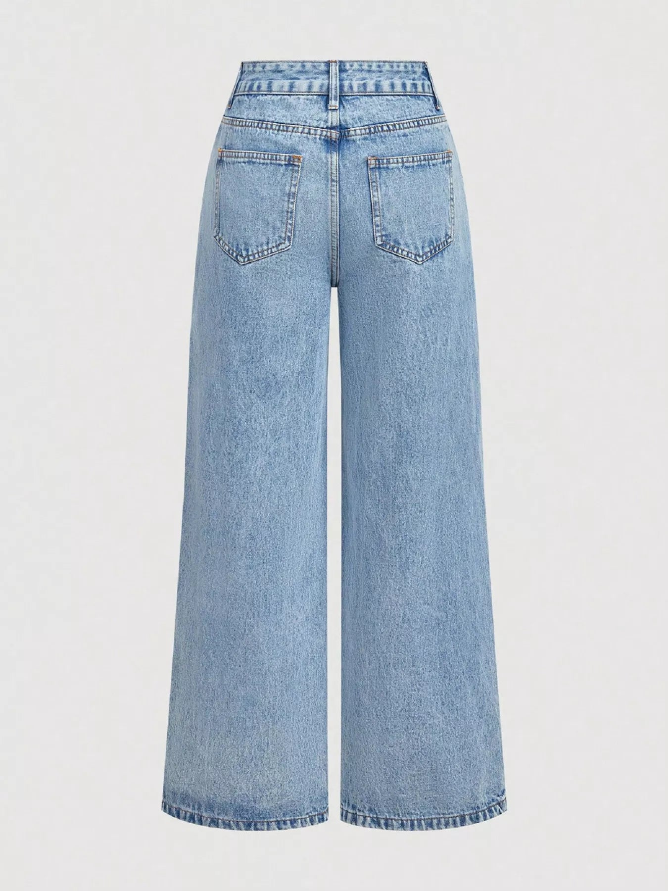 Light blue wide-leg jeans back view with two patch pockets and belt loops