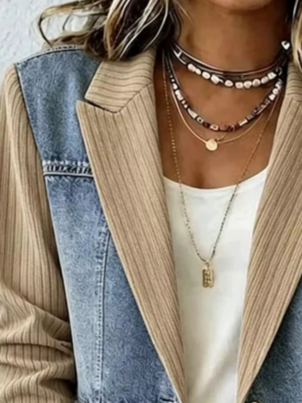 Tan ribbed denim patchwork blazer with notch lapel and denim side panel