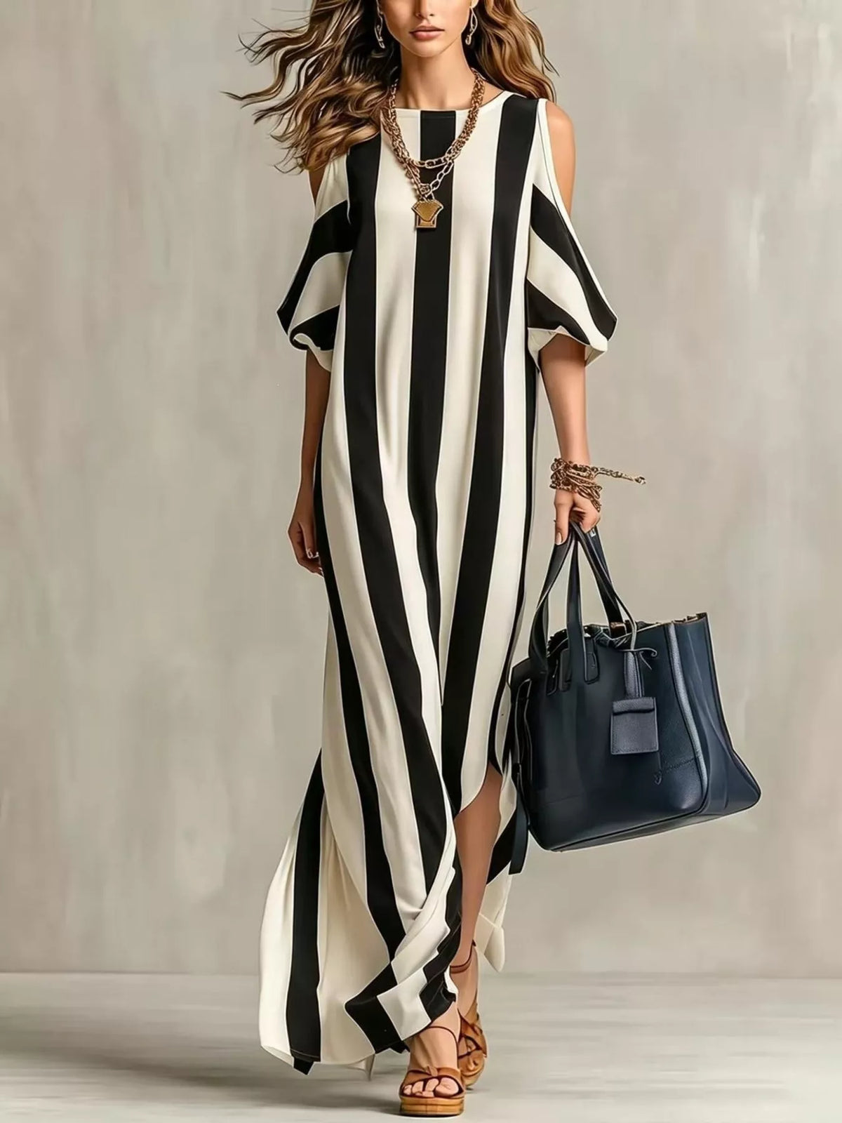 Striped cold-shoulder maxi dress in black and cream with side-slit drape sleeves