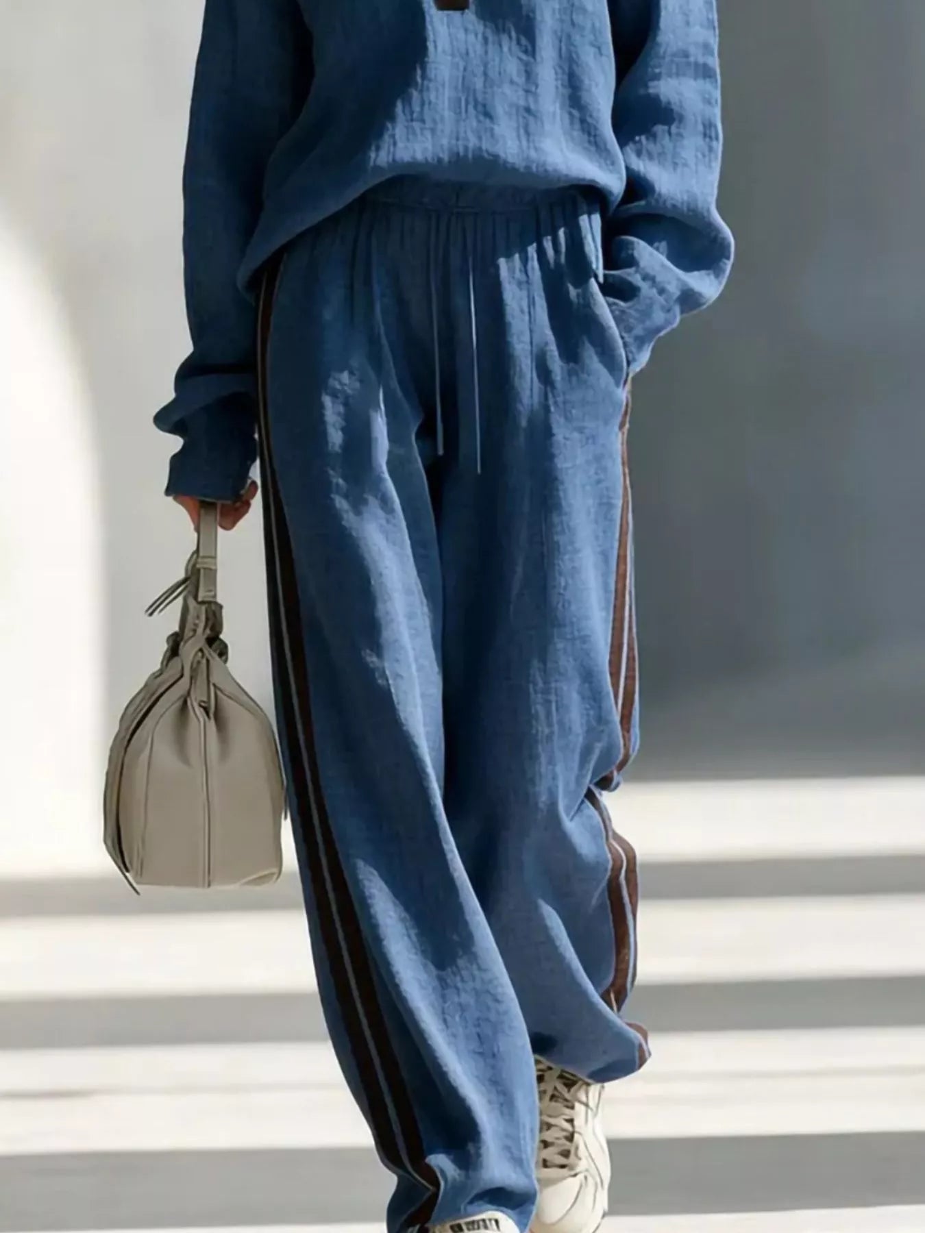 Blue V-neck top and striped jogger pants set, elastic waist and cuffs