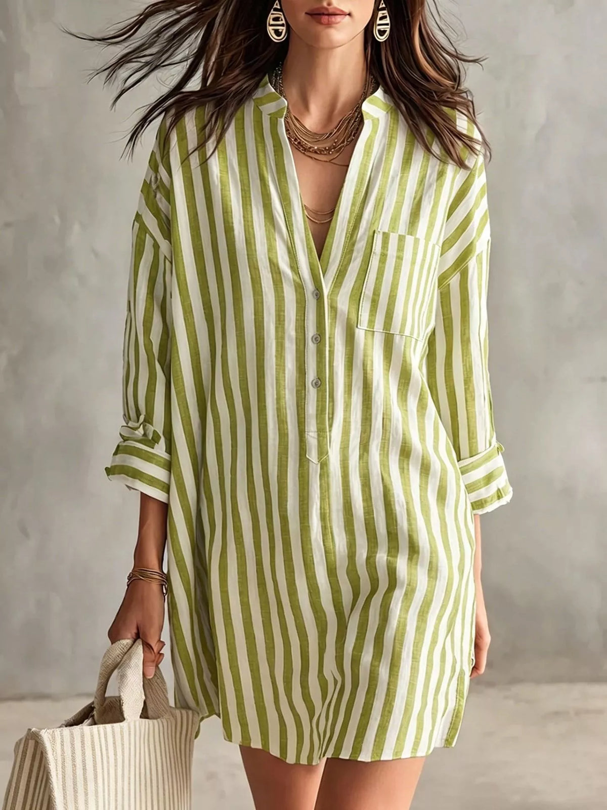 Green-and-white striped shirt dress with 3/4 sleeves, button front, V-neck, chest pocket