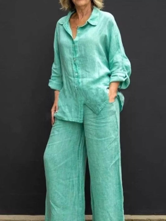 Green long-sleeve button-front shirt and wide-leg pants set, full-length view