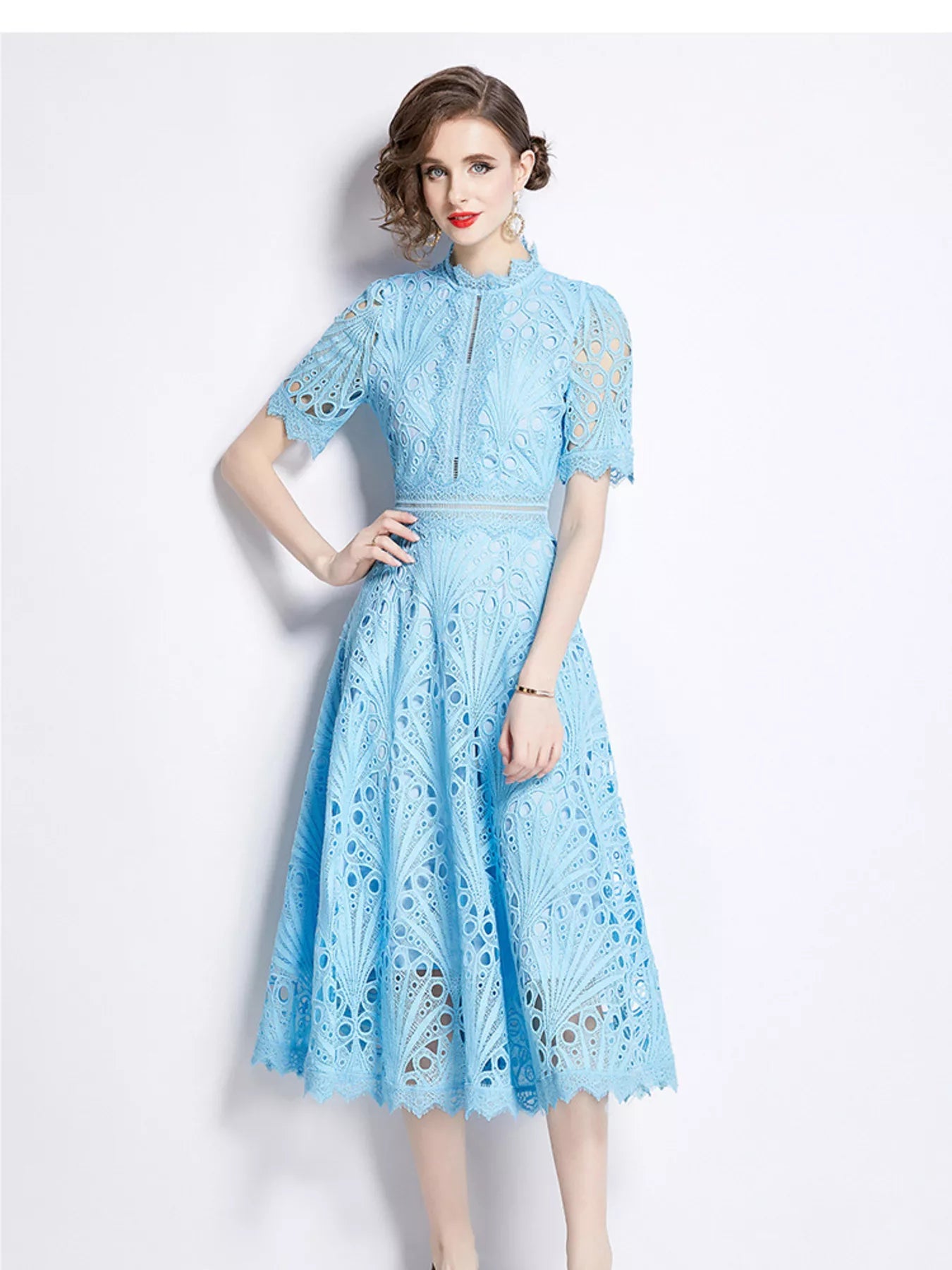 Plus-size lace short-sleeve midi dress in light blue with high neckline and eyelet lace detail