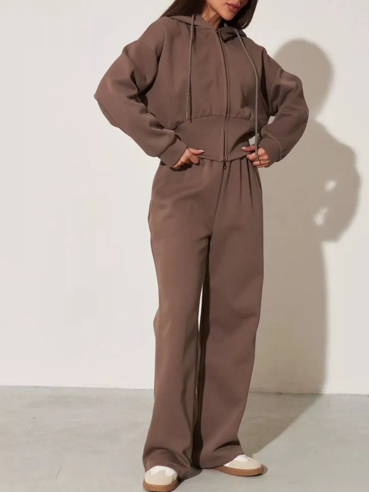 Brown zip-up hoodie and wide-leg pants set with hood and front zipper, wide pant legs