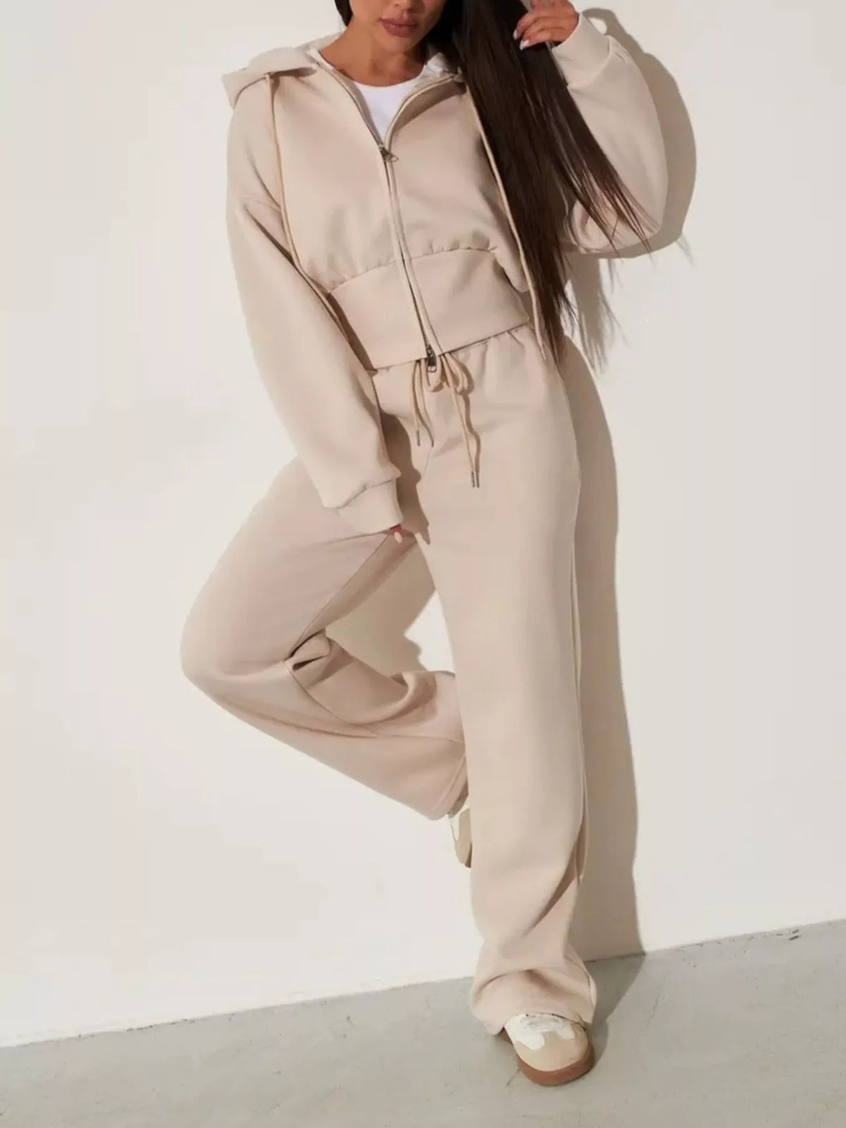 Light apricot zip-up hoodie and wide-leg pants set, zip front, hood drawstring