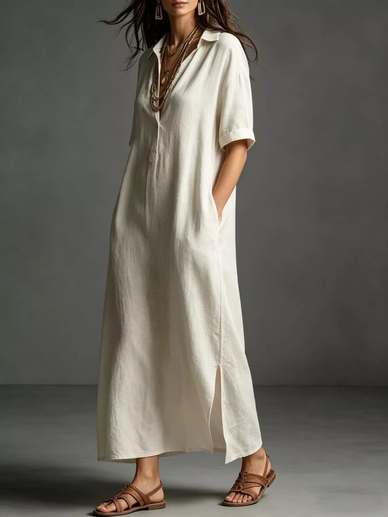 Cream midi shirt dress with button front, V-neck, short sleeves, flowy A-line