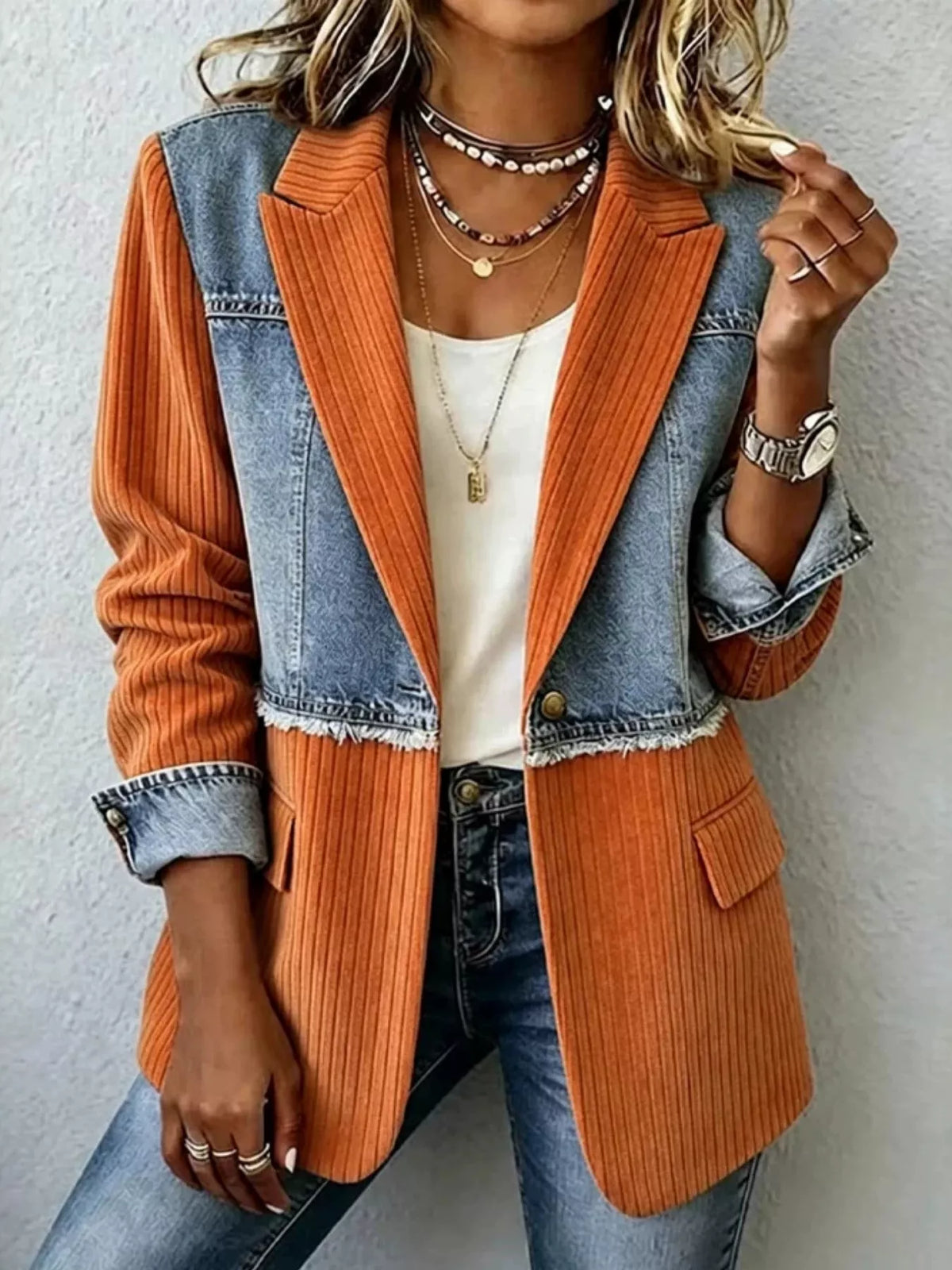 Orange ribbed denim patchwork blazer with notch lapels and front pockets