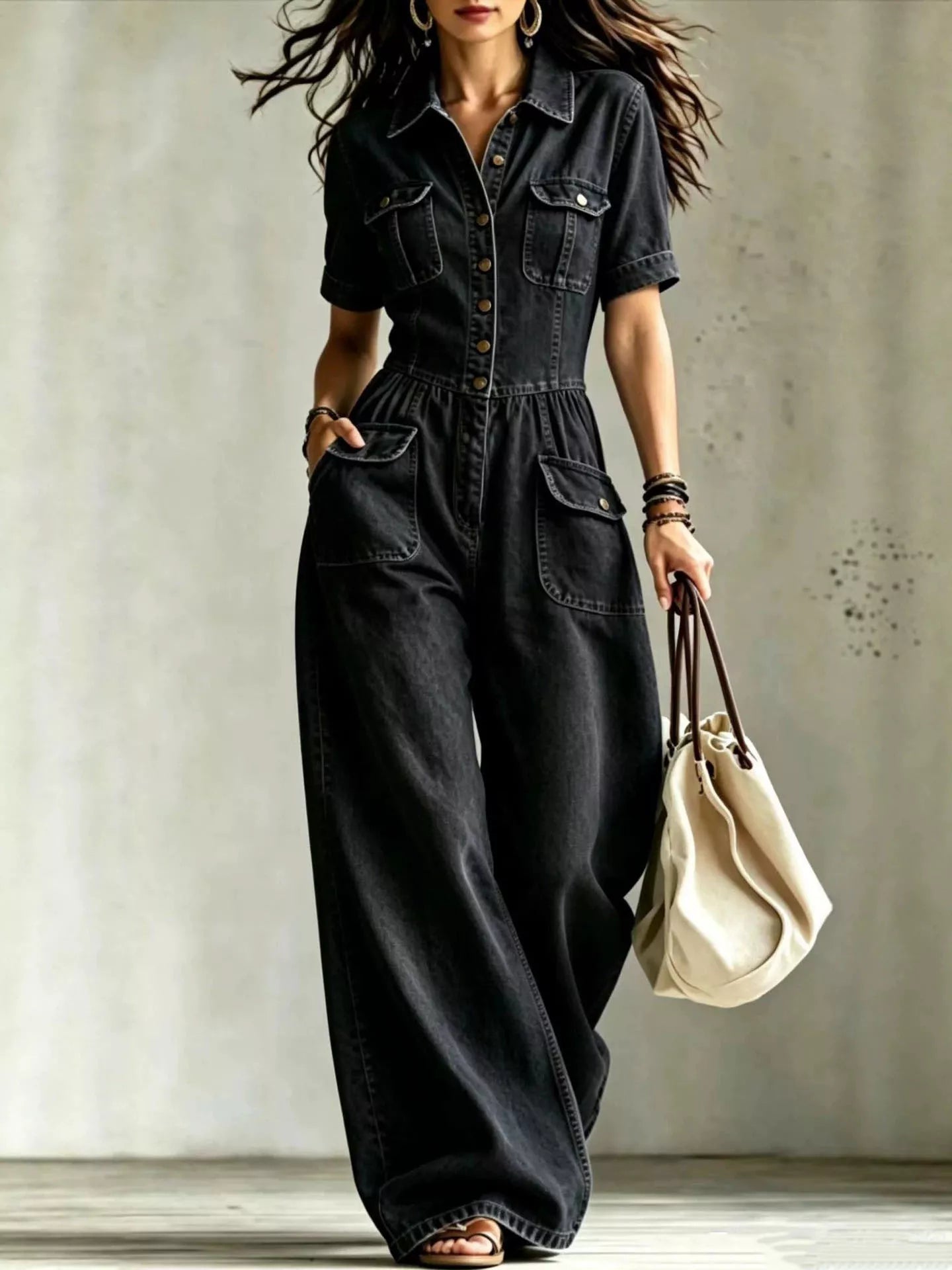 Black denim wide-leg jumpsuit with chest pockets and short sleeves