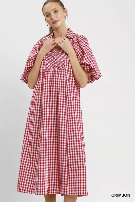 Crimson plaid midi dress with puff sleeves, V-neck, and button front