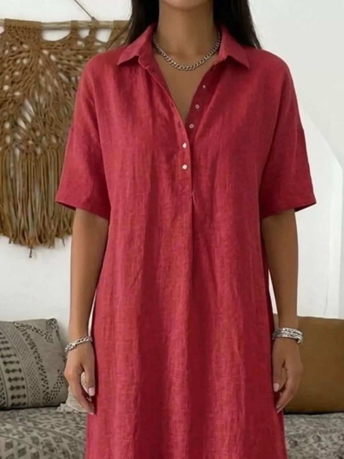 Red plus-size collared button-front midi dress with centered button placket