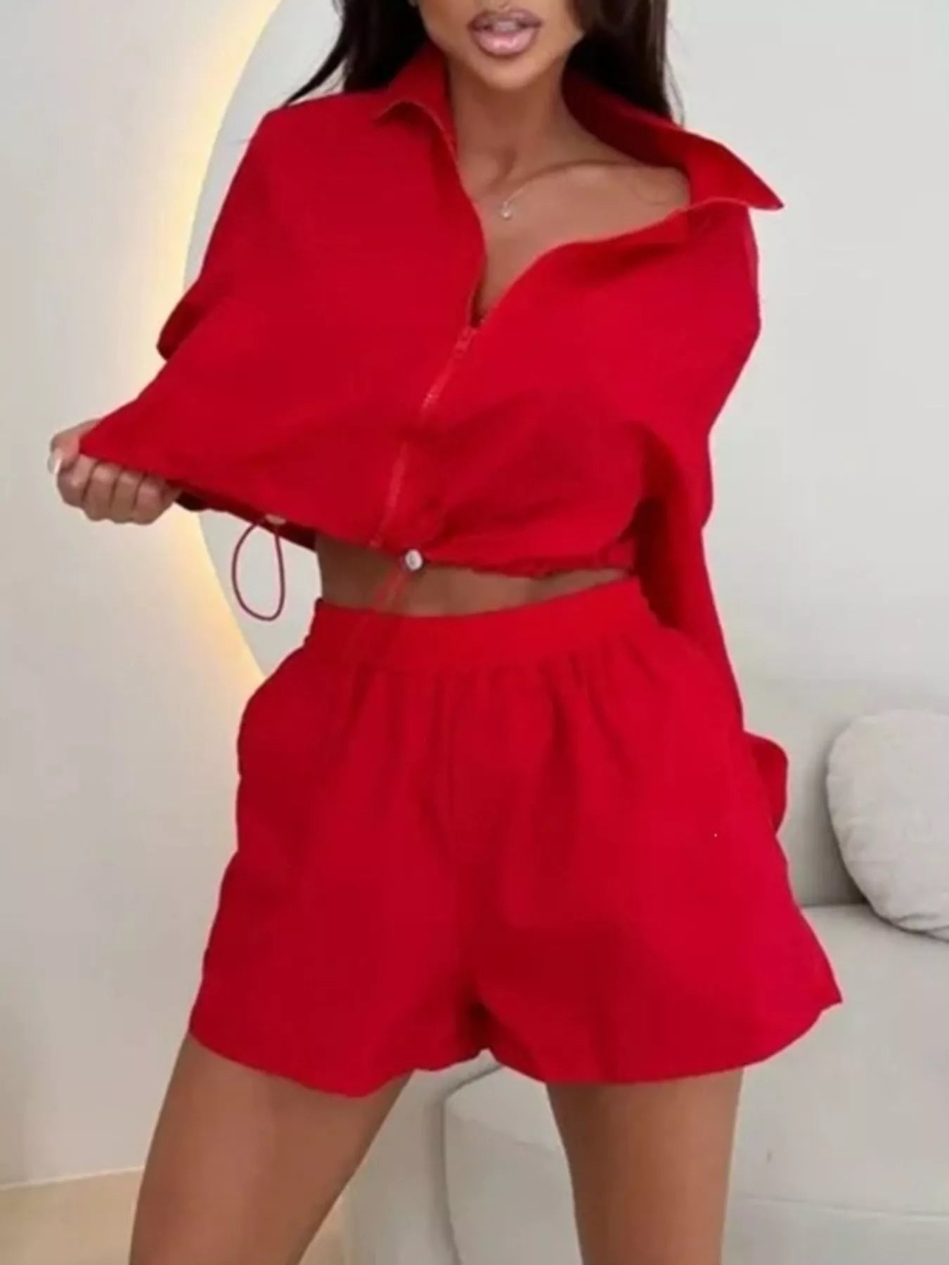 Red zip-up long-sleeve jacket and shorts set, cropped jacket and elastic-waist shorts