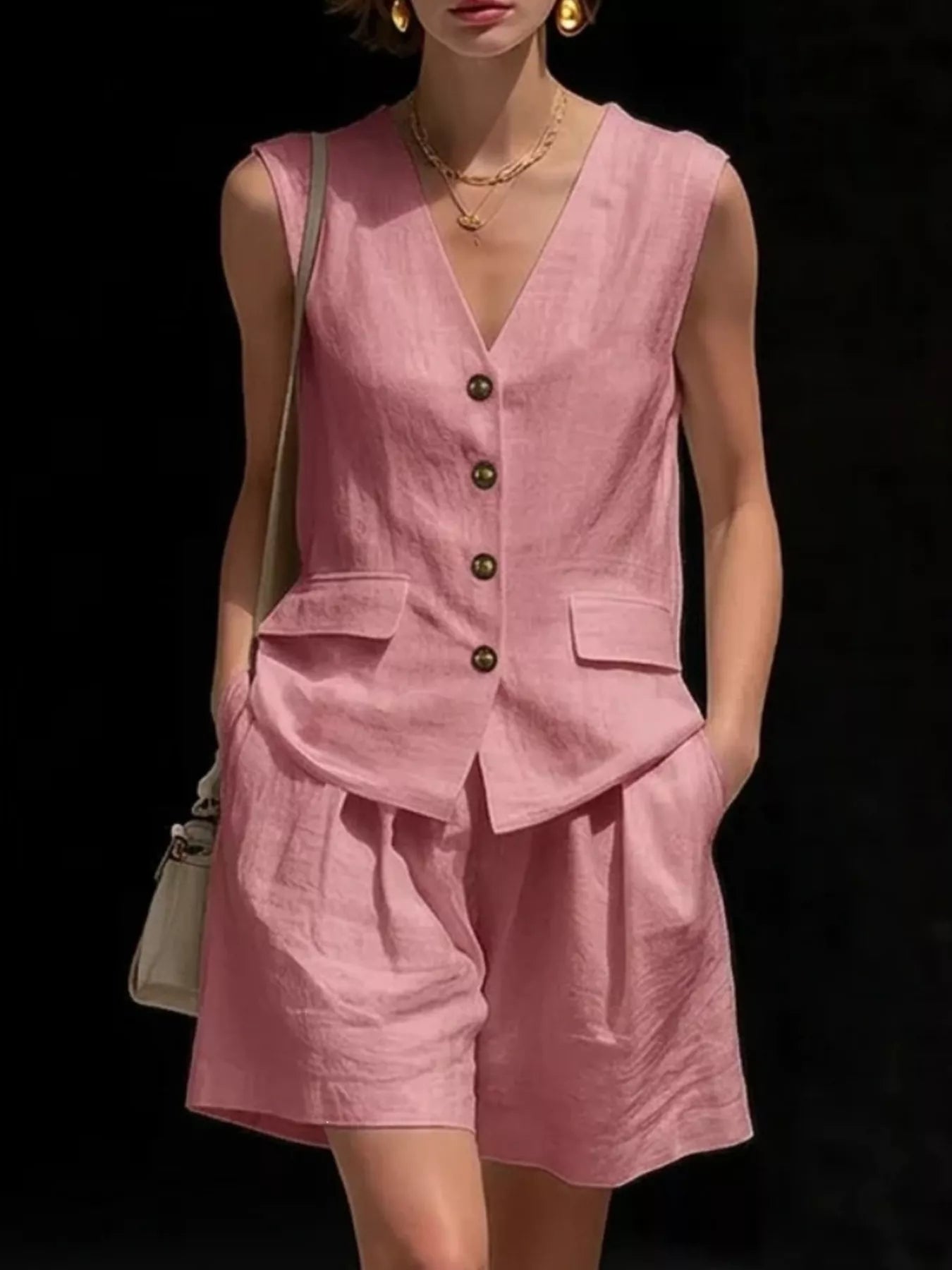 Pink linen-look sleeveless vest and shorts set, V-neck button front, patch pockets