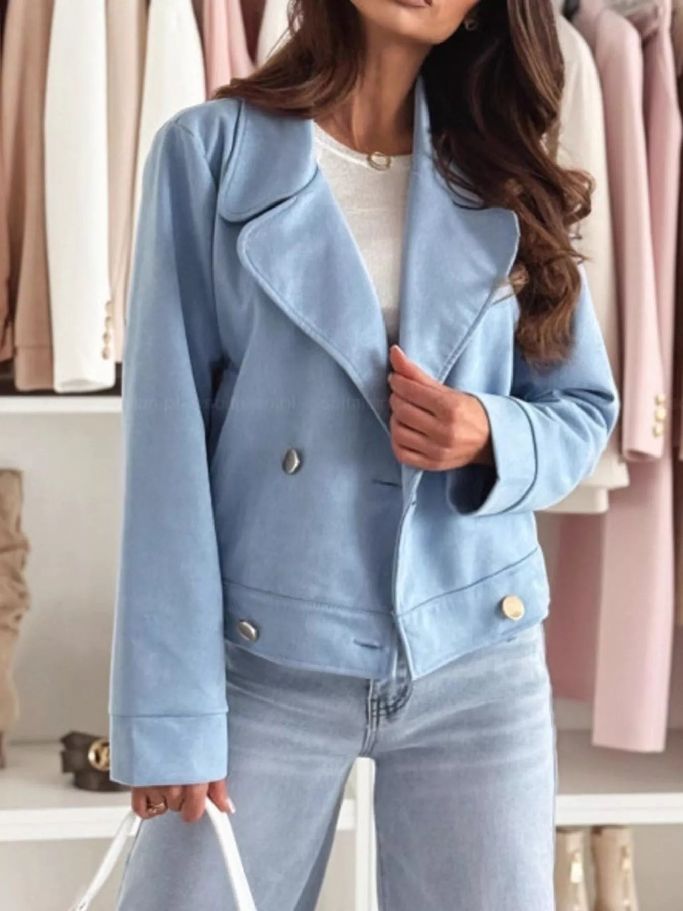 Pastel blue cropped double-breasted jacket with stand collar and gold button front