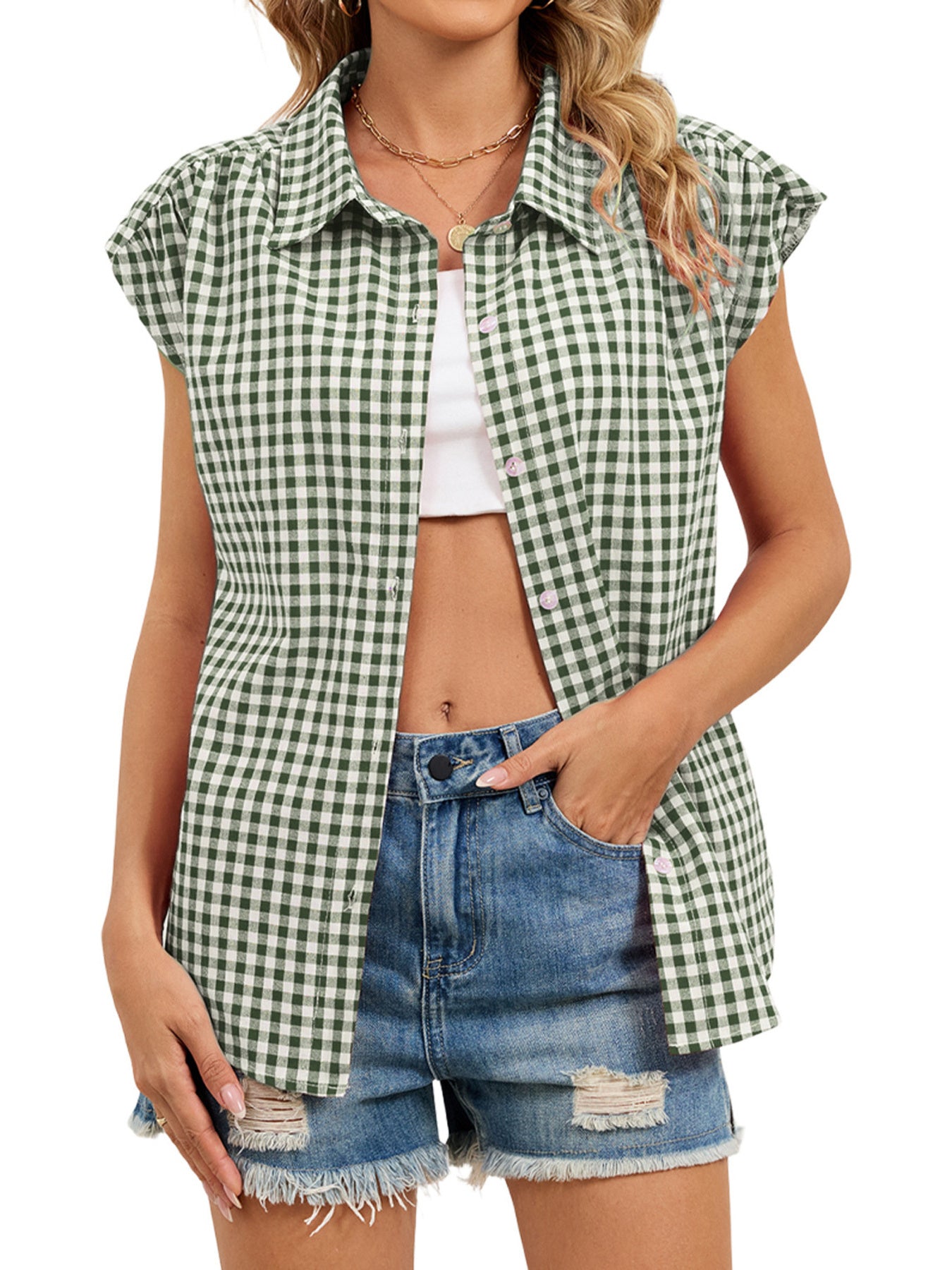 Green-and-white plaid cap-sleeve button-up shirt with collar and front button placket