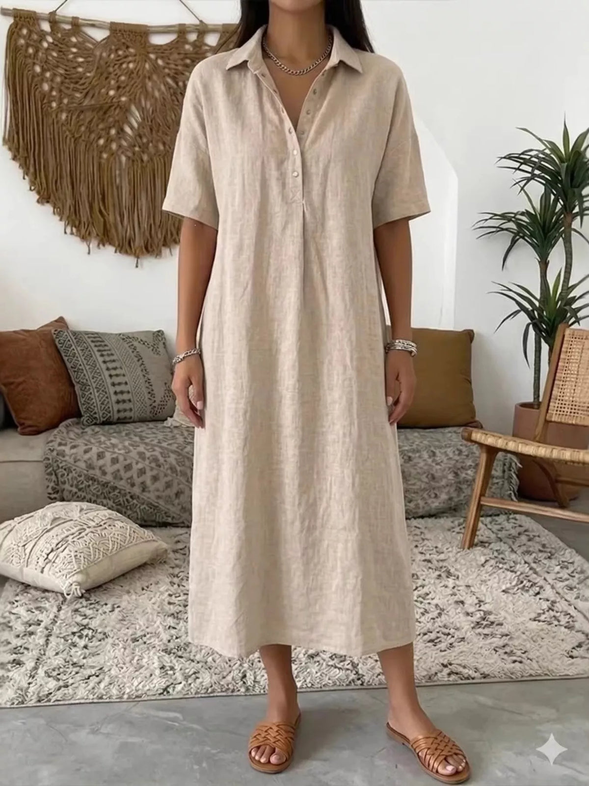 Beige plus-size button-front midi dress with collared short sleeves