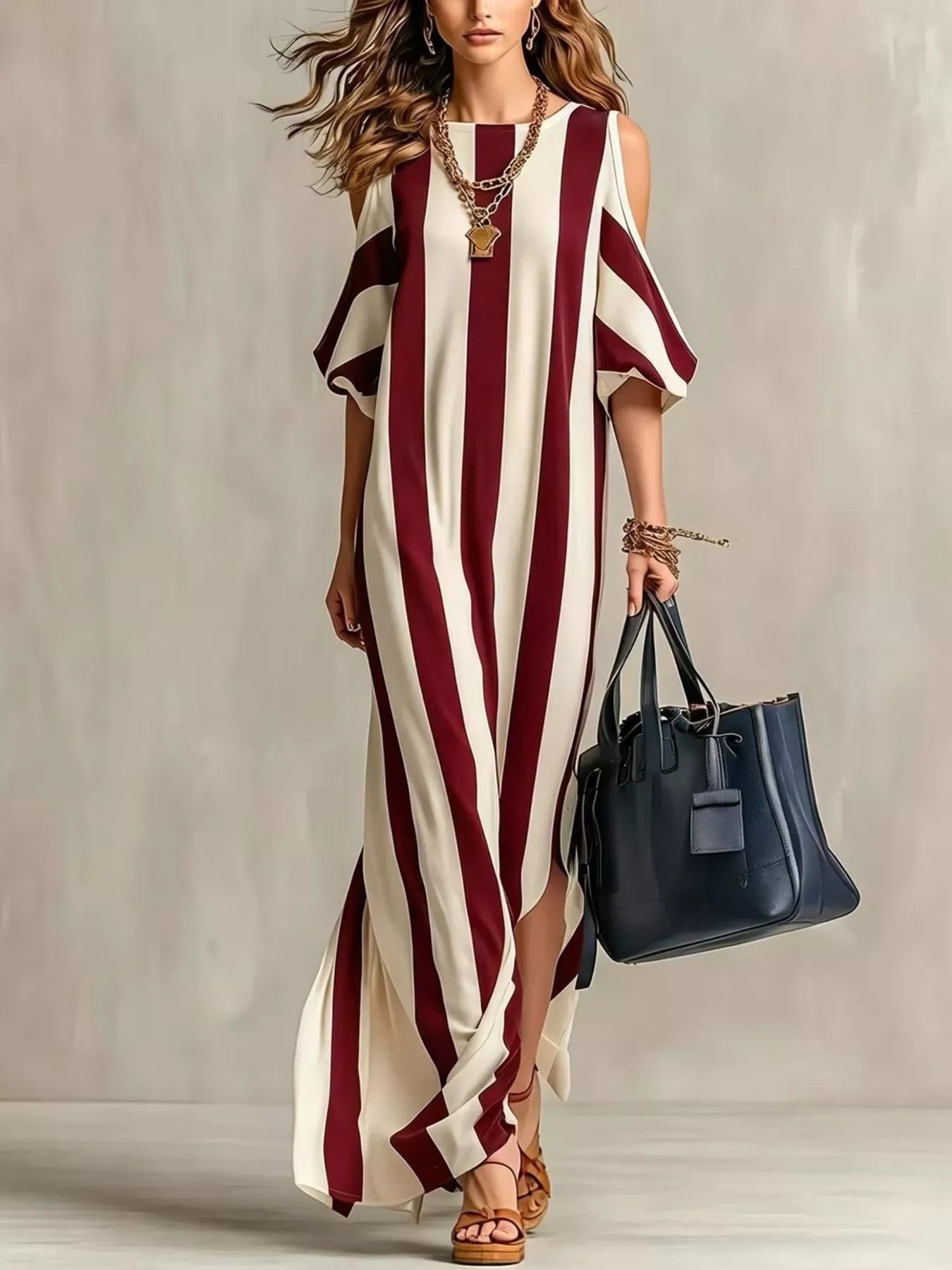 Striped cold-shoulder maxi dress in burgundy and cream with side drape and slits