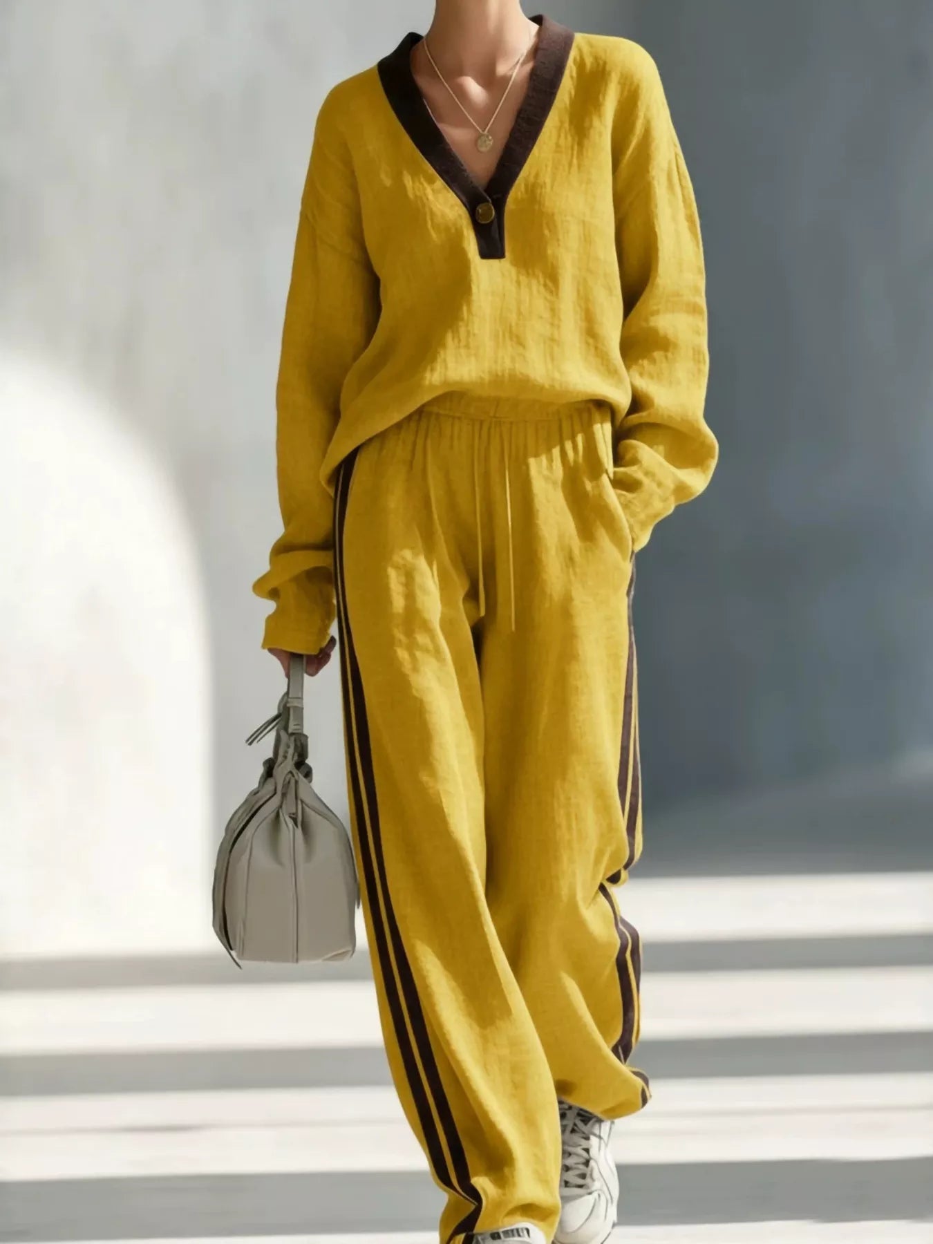 Yellow V-neck top and striped jogger pants set with contrast neckline detail