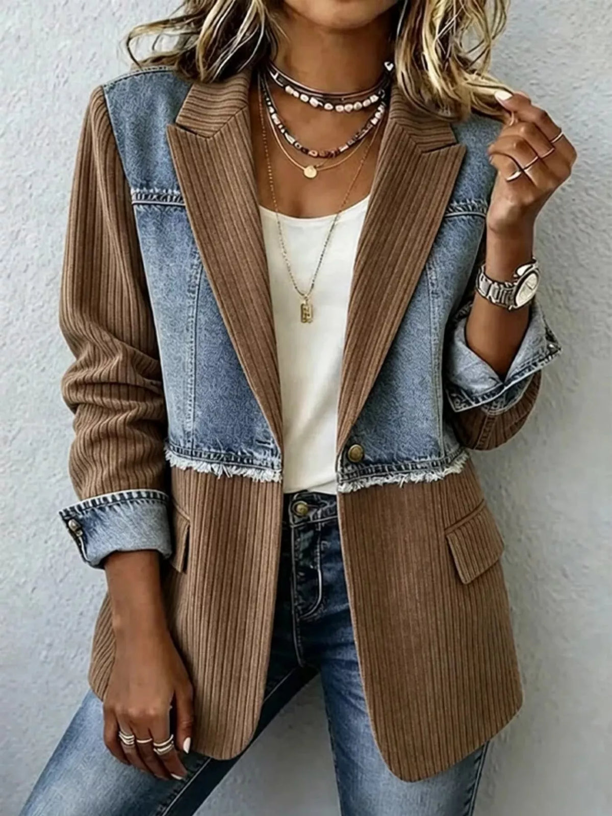 Brown ribbed denim patchwork blazer with notch lapel and chest pocket