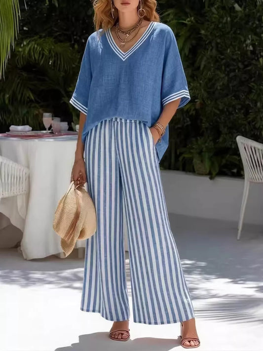 Blue V-neck short-sleeve top with striped wide-leg pants set, plus-size