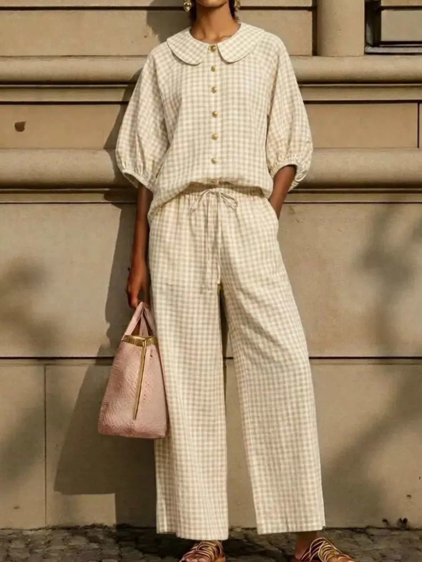 Light khaki plaid button-up shirt and wide-leg pants set with Peter Pan collar and gold buttons.