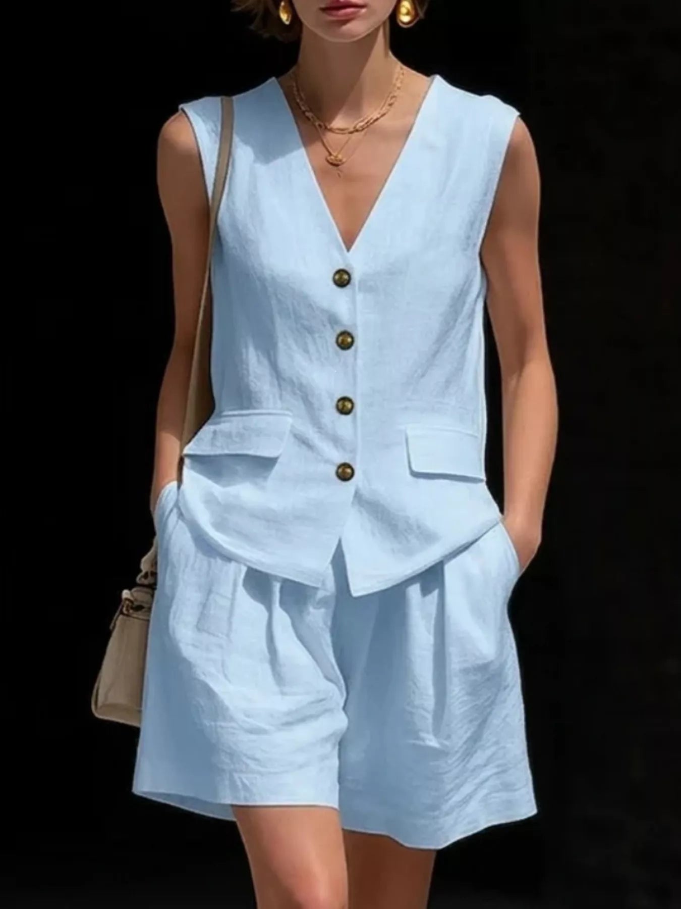 Light blue linen-look sleeveless vest and shorts set, V-neck button front, patch pockets