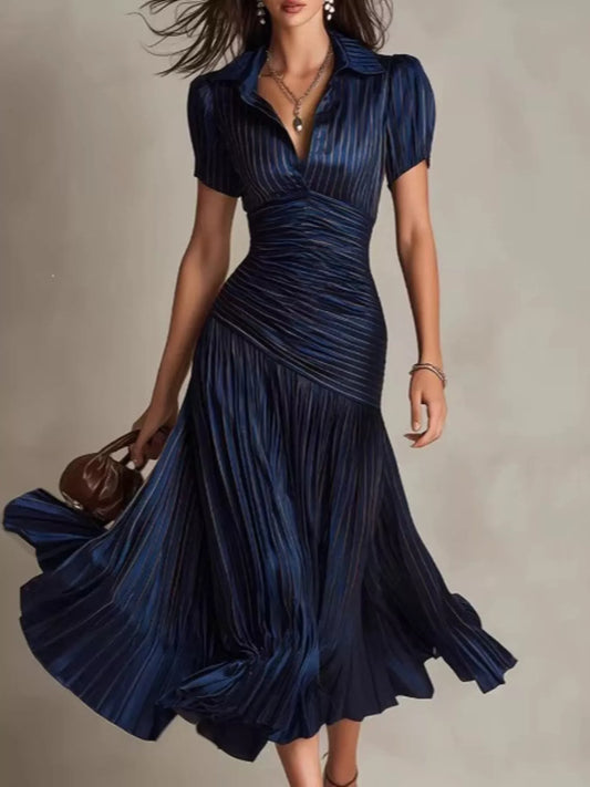 Front pleated striped midi dress with short sleeves and ruched waist, dark blue