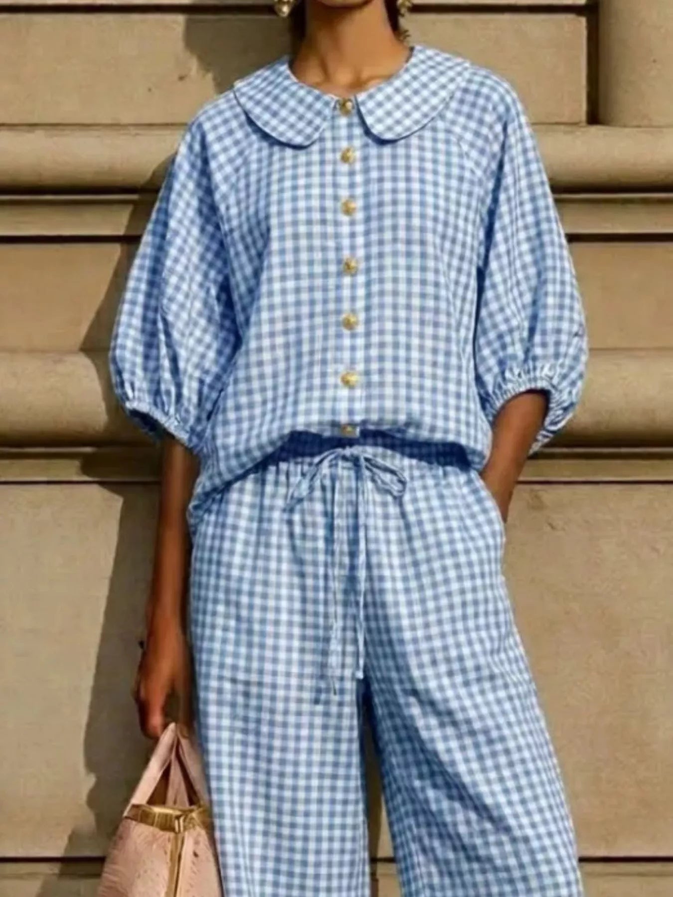 Light blue check plaid shirt and pants set with puff sleeves, front buttons, tied waist.
