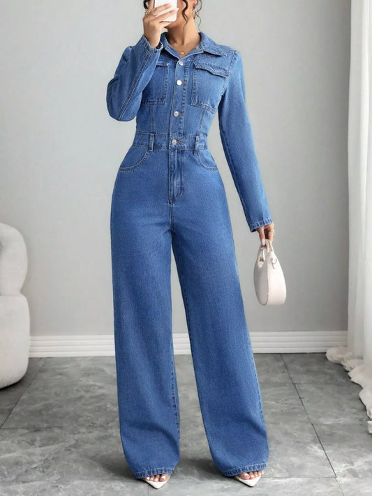 Blue denim long-sleeve jumpsuit with button front, buttoned chest pockets, wide legs