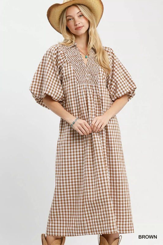 Brown plaid midi dress with puff sleeves and gathered bodice