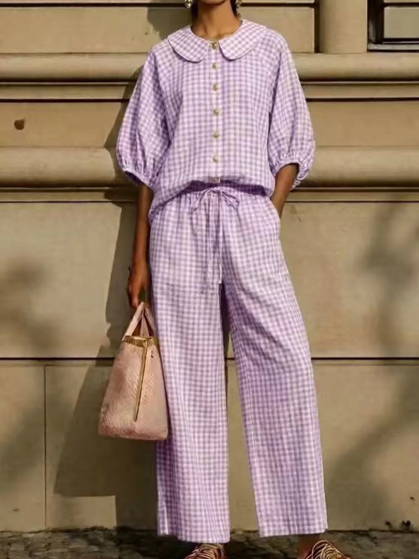 Plaid shirt and pants set in lavender check, button-up blouse with puff sleeves, drawstring waist