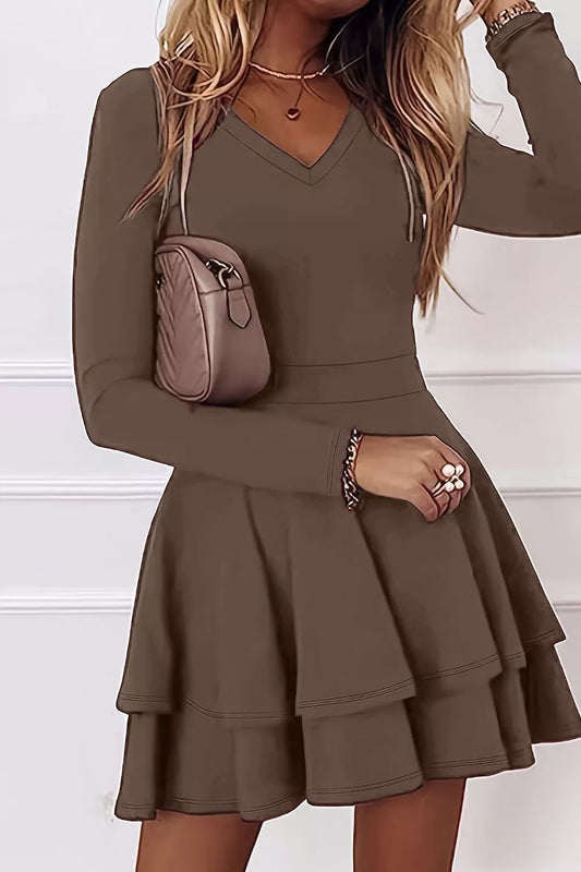 Coffee brown long-sleeve V-neck mini dress with layered tiered skirt