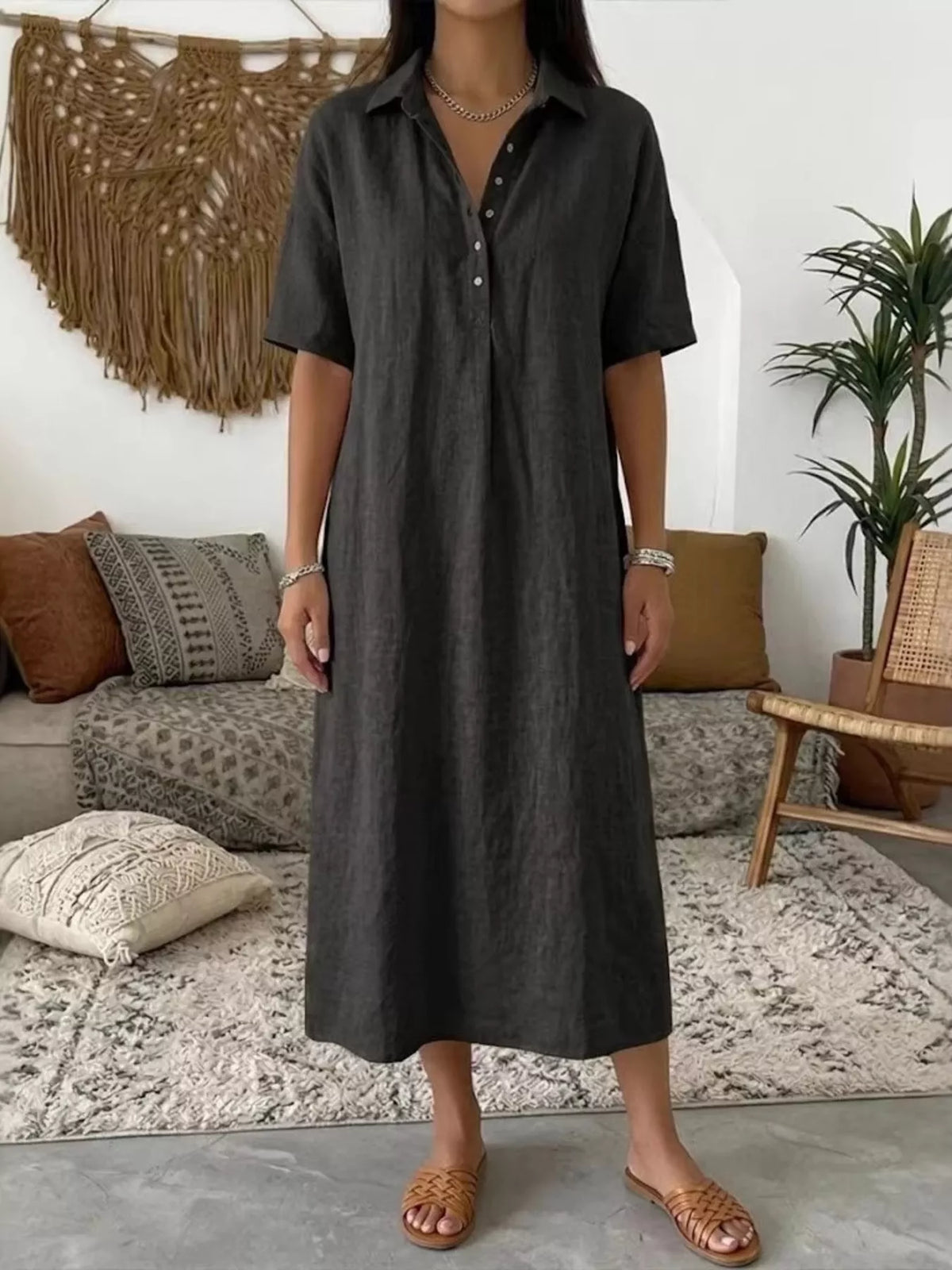 Black plus-size collared button-front midi dress with short sleeves