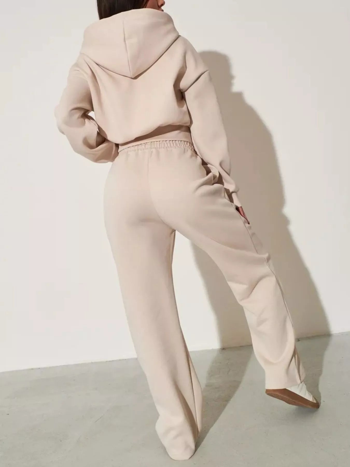 Apricot zip-up hoodie and wide-leg pants set with hood, front zipper, cuffed sleeves