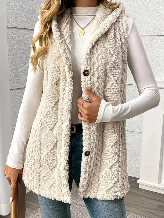 Beige hooded button-up sherpa vest coat with open front and brown buttons