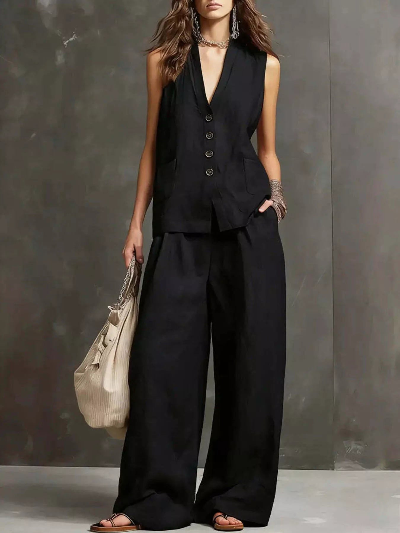 Black sleeveless vest and wide-leg pants set with button-front vest