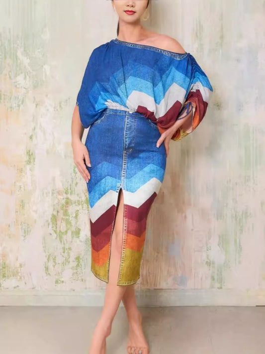 One shoulder blue top and slit skirt set with bold chevron print and denim texture
