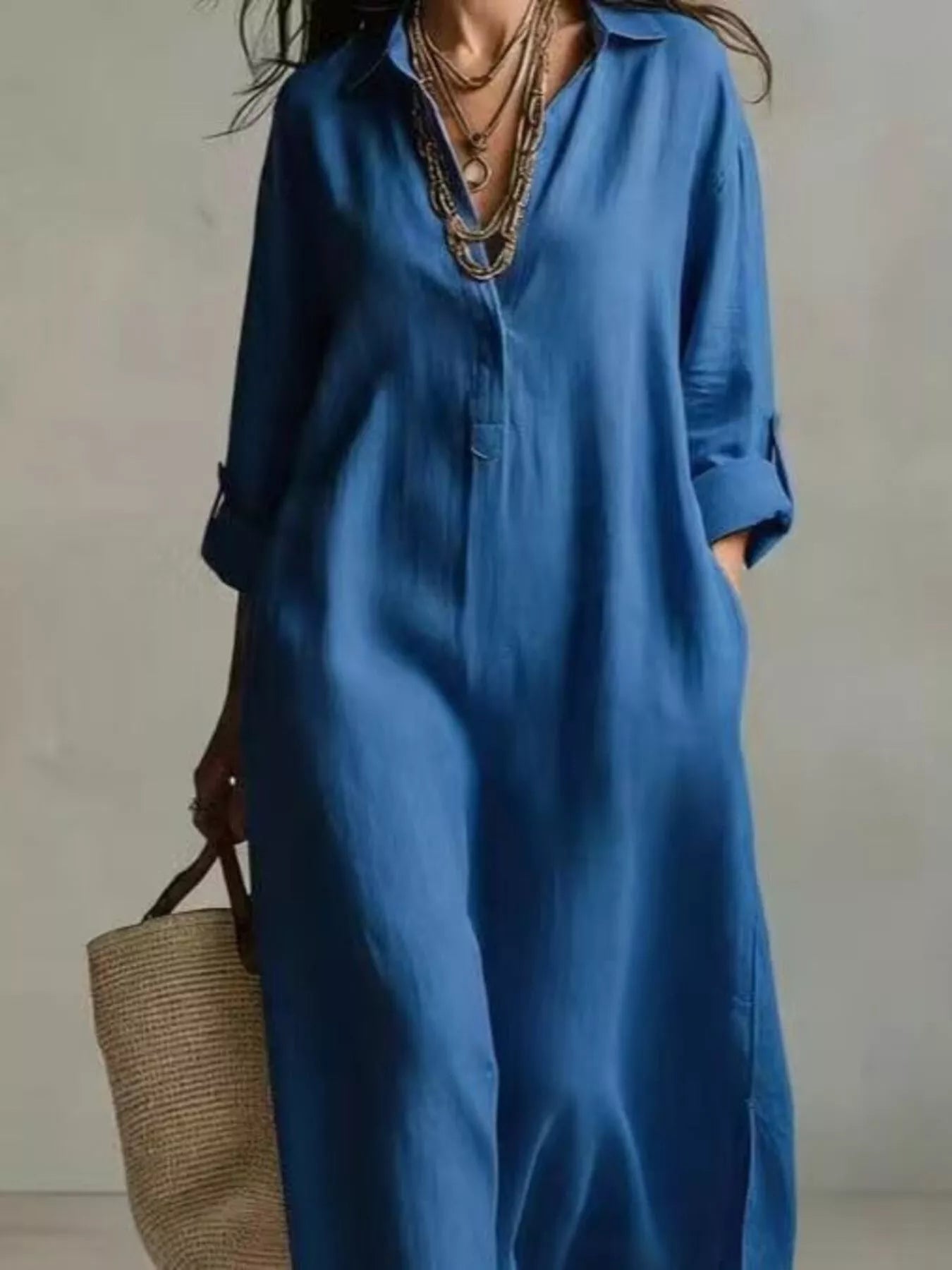 Blue midi shirt dress with button placket, V-neck, short sleeves and side openings