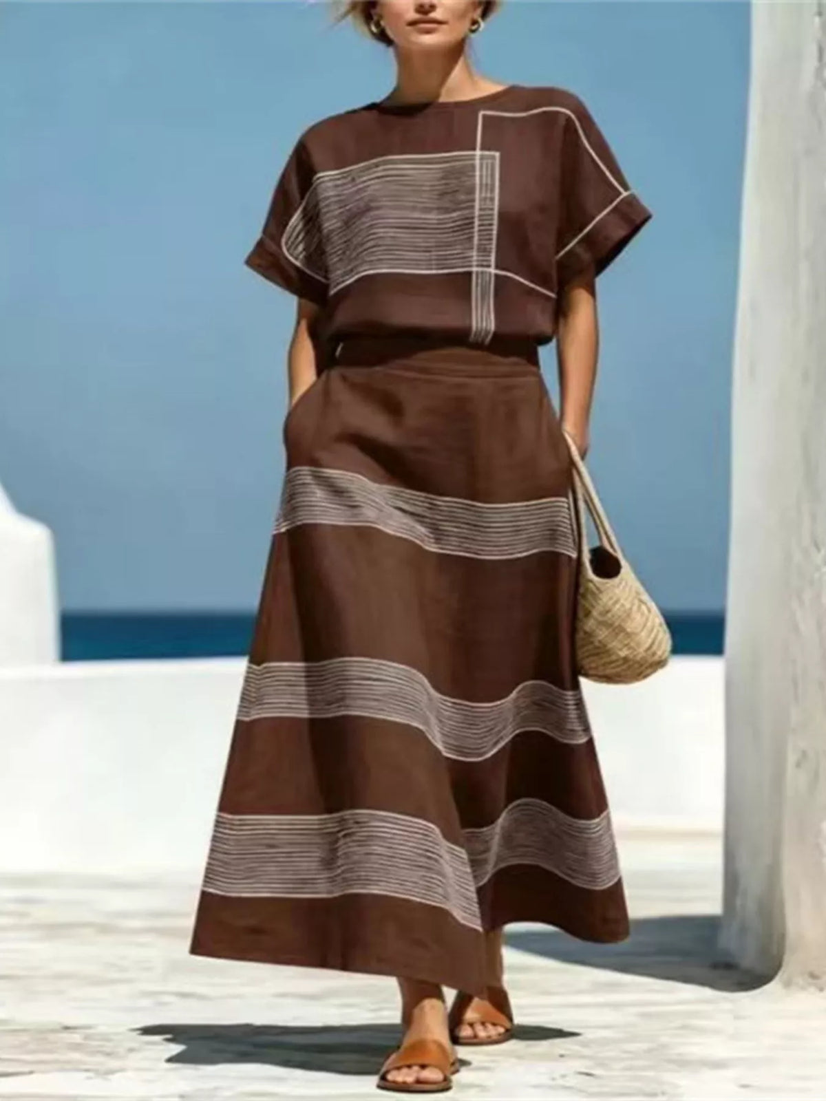 Brown striped round neck top and maxi skirt set with layered stripe panel design