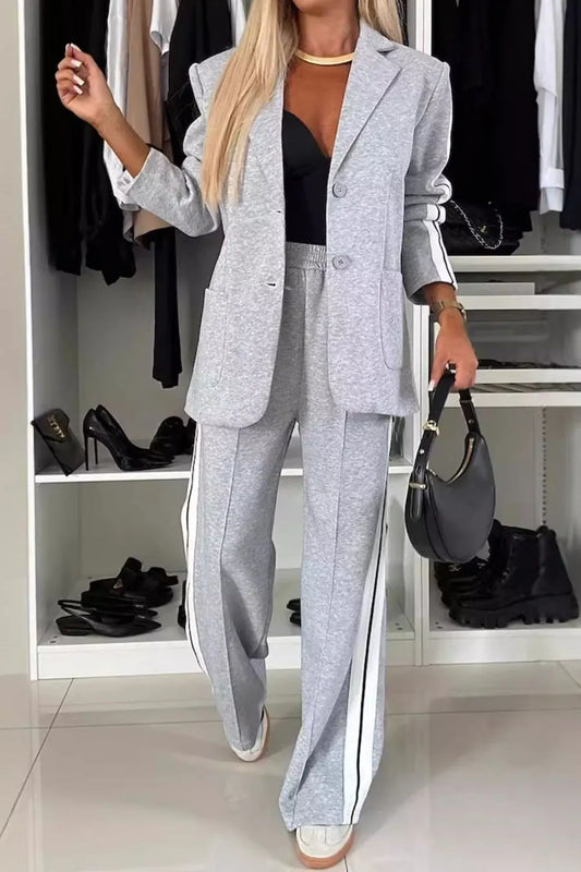 Light gray contrast lapel top and wide-leg pants set with white side stripes