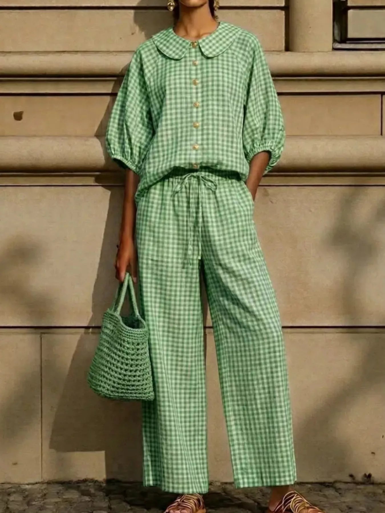Green plaid button-up shirt and wide-leg pants set with Peter Pan collar and front buttons.