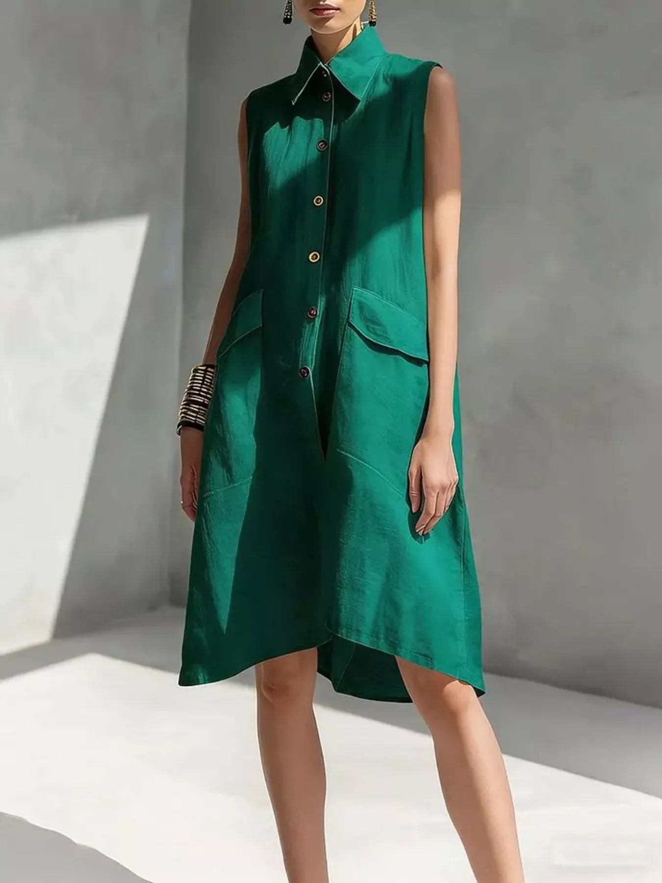 Green sleeveless button-front dress with pointed collar and patch pockets, knee length