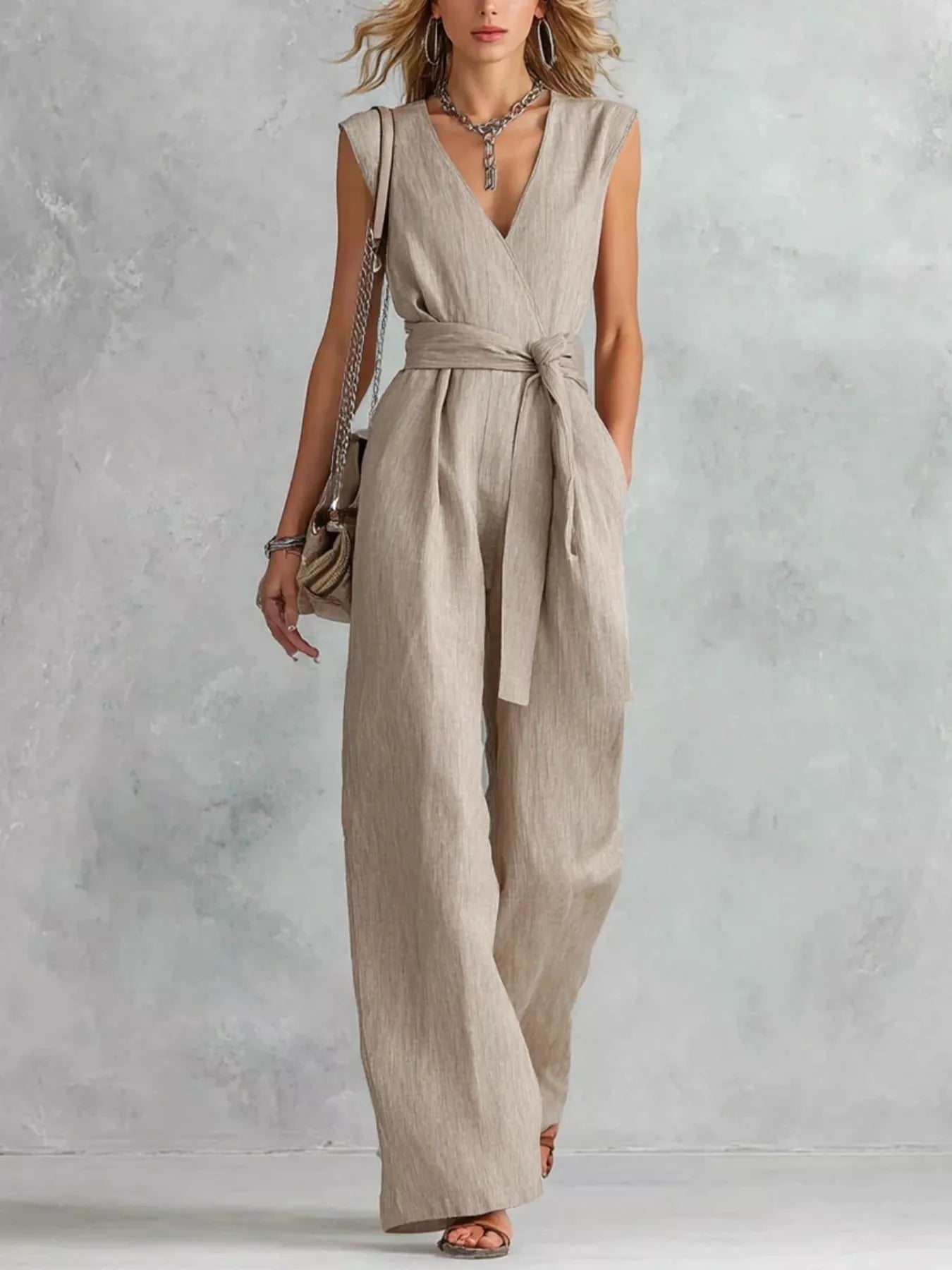 Sleeveless wide-leg jumpsuit in light beige/khaki with V-neck and tied waist