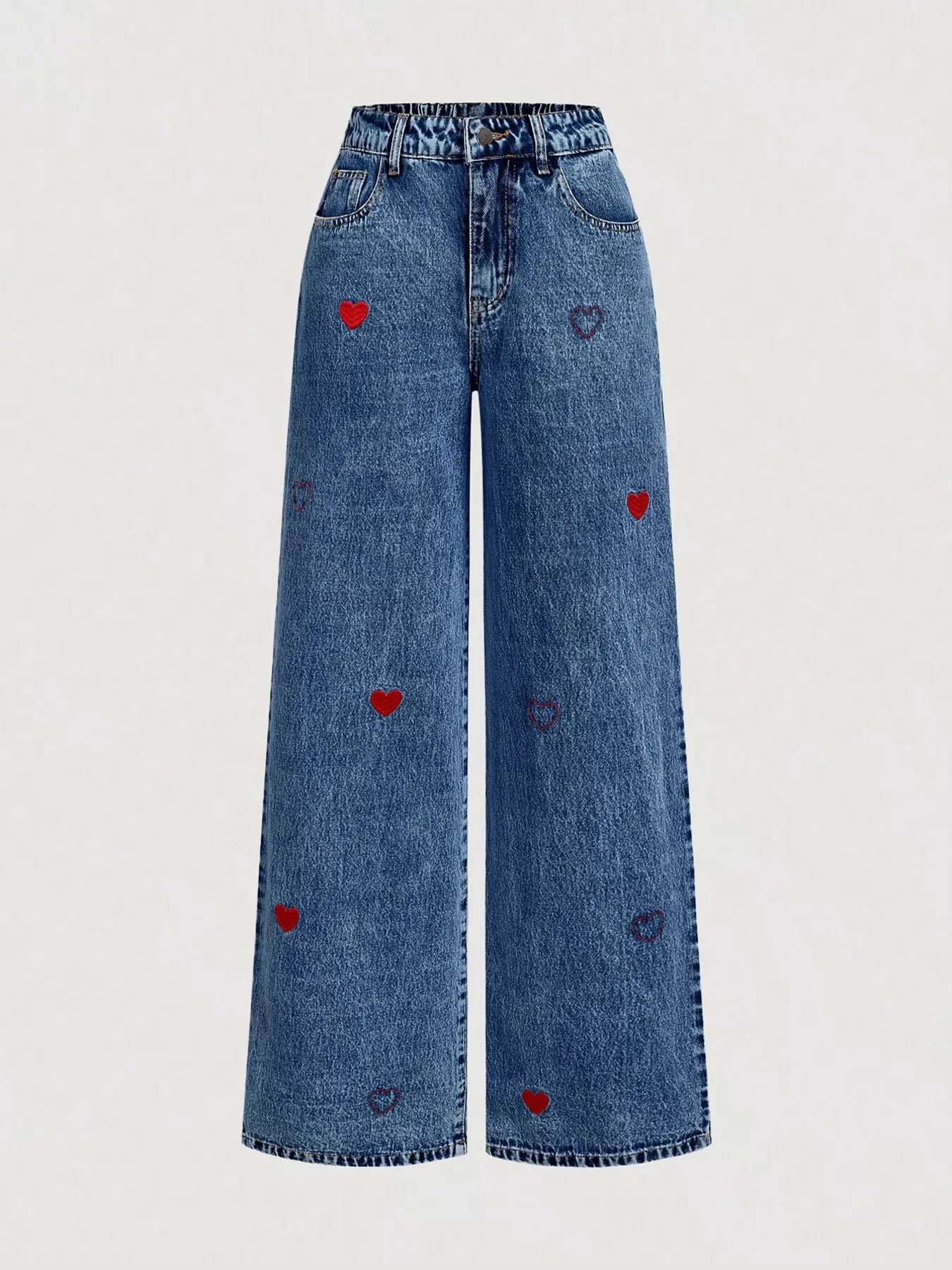 Dark blue wide-leg jeans with red embroidered heart accents and waistband