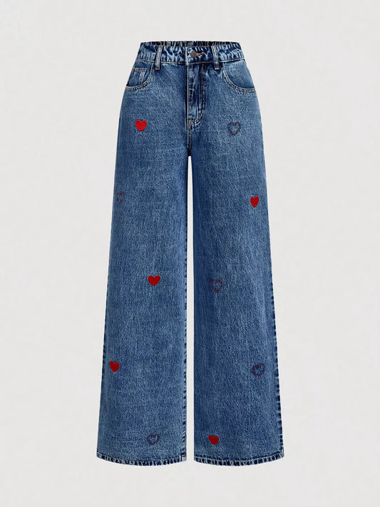 Dark blue wide-leg jeans with red embroidered heart accents and waistband