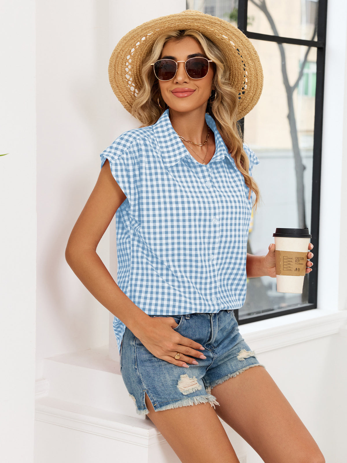 Blue gingham cap-sleeve button-up shirt with collar and button front
